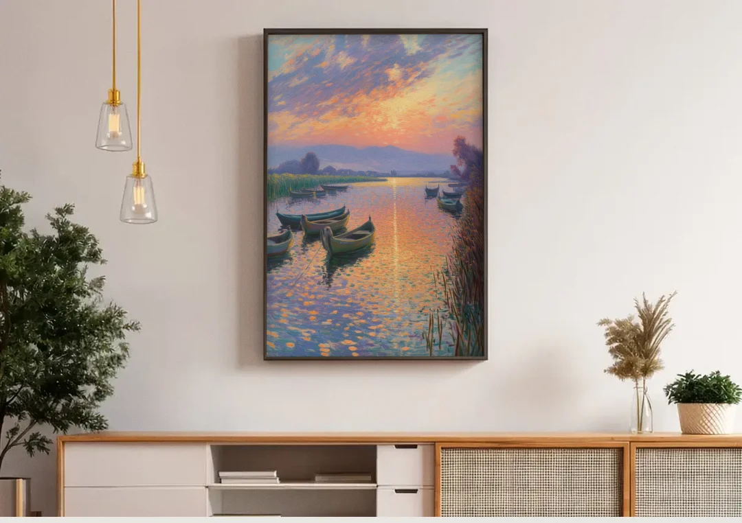 Albufera Sunset canvas wall art above a wooden sideboard under pendant lights