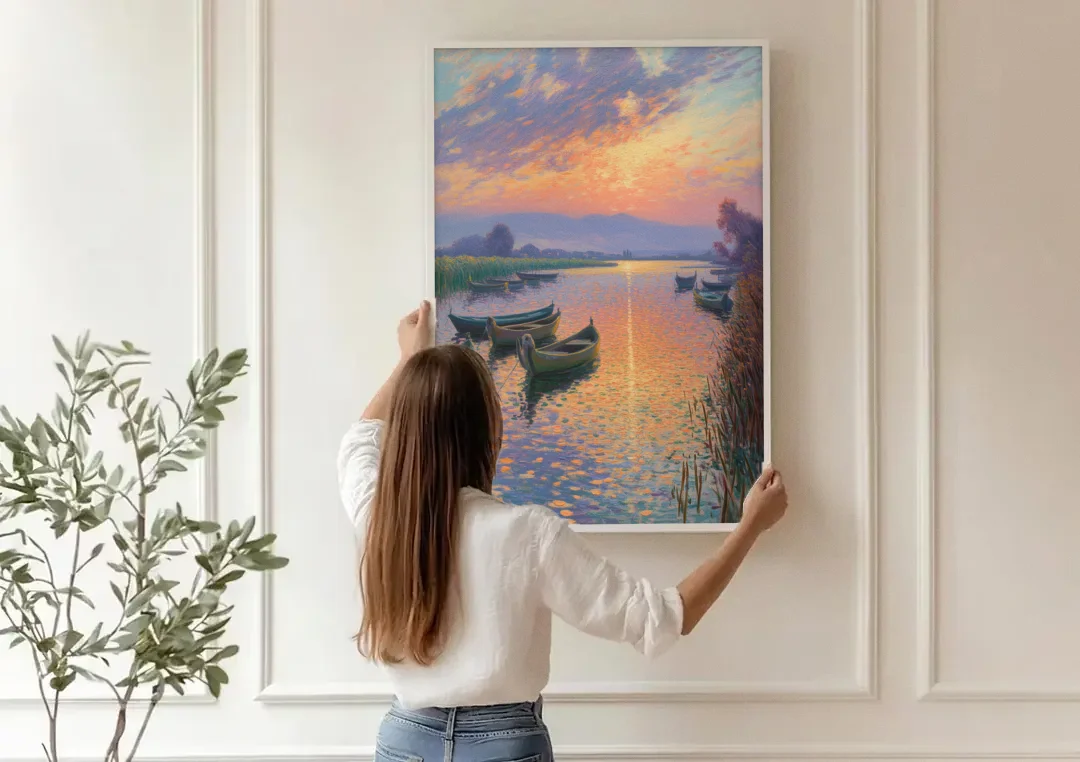 Albufera Sunset canvas wall art being hung on a paneled wall