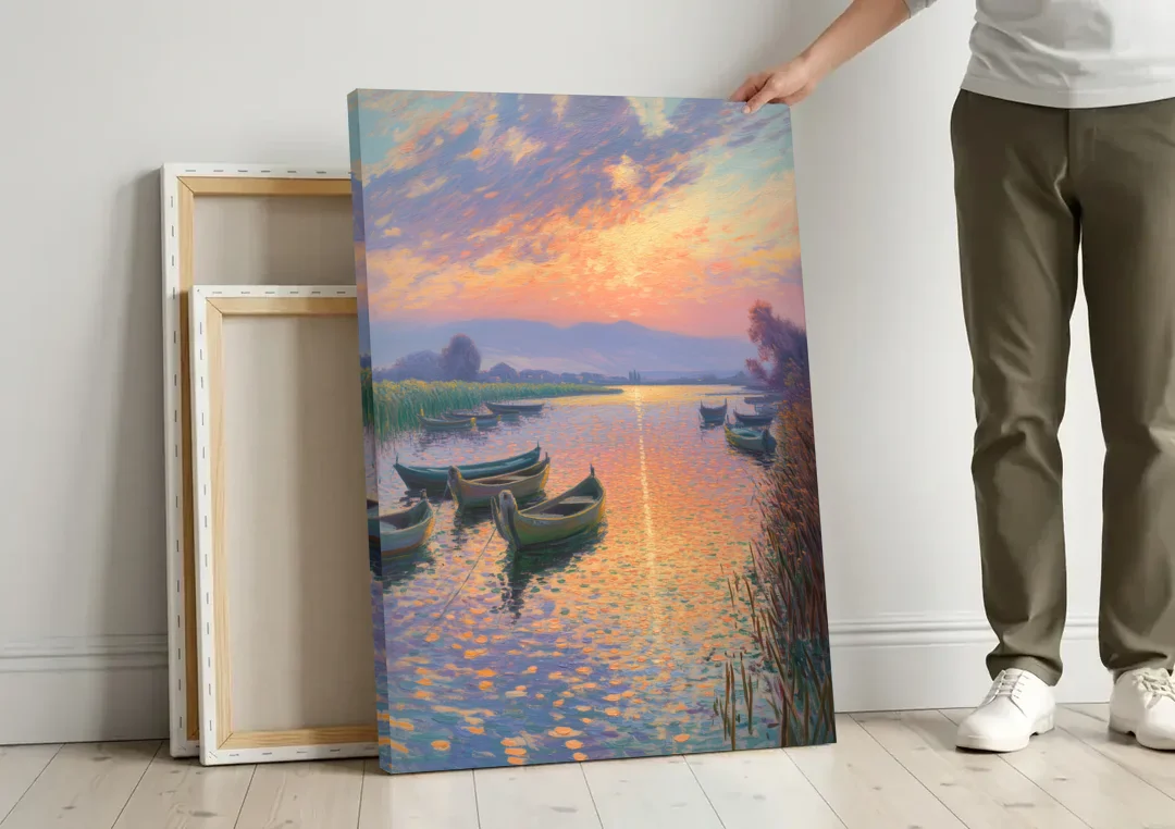 Albufera Sunset canvas wall art leaning against a wall next to blank canvases