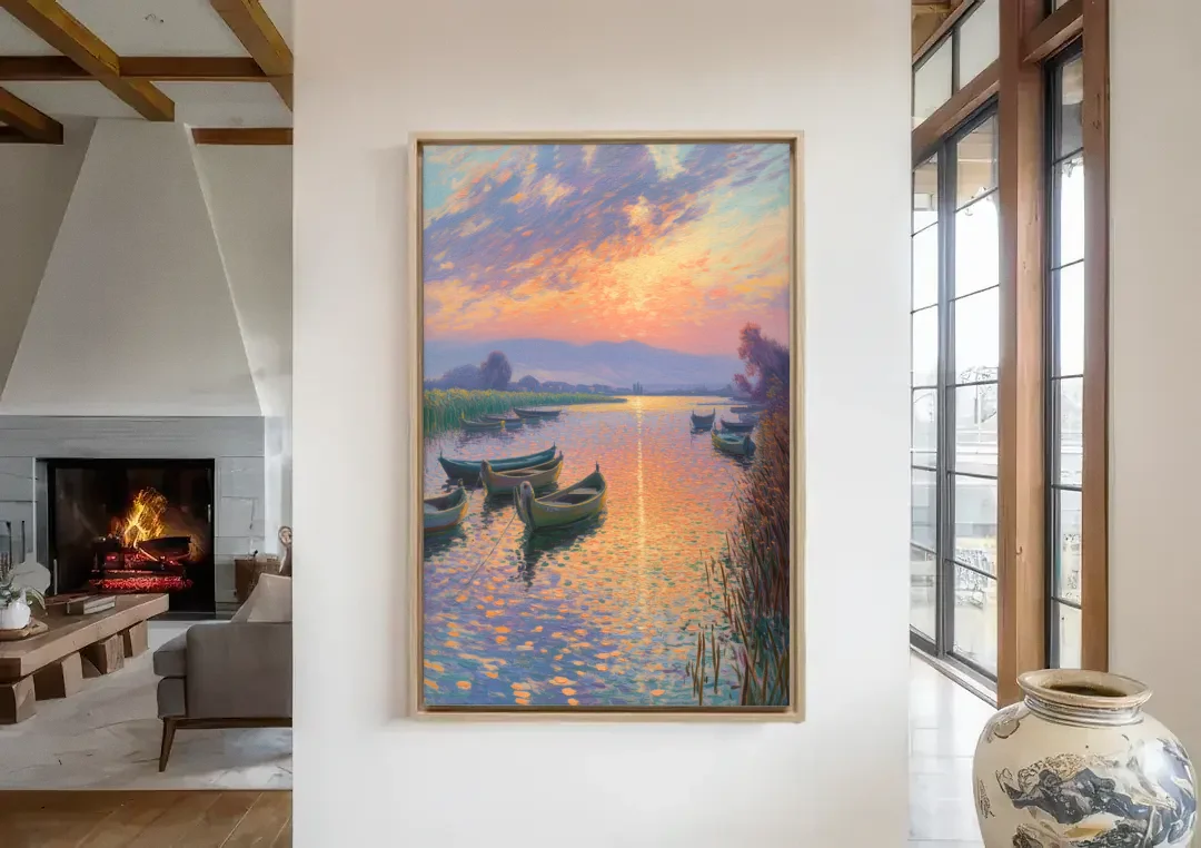 Albufera Sunset canvas wall art in a living room with a fireplace