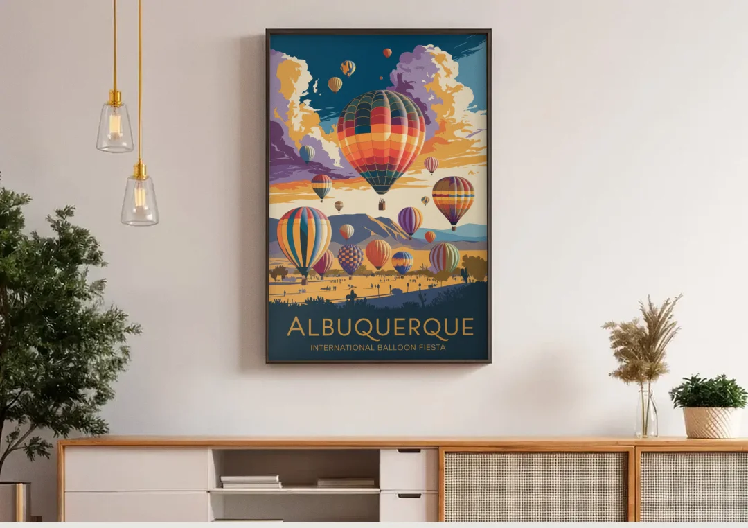 Albuquerque Balloon Fiesta canvas wall art above a wooden sideboard under pendant lights