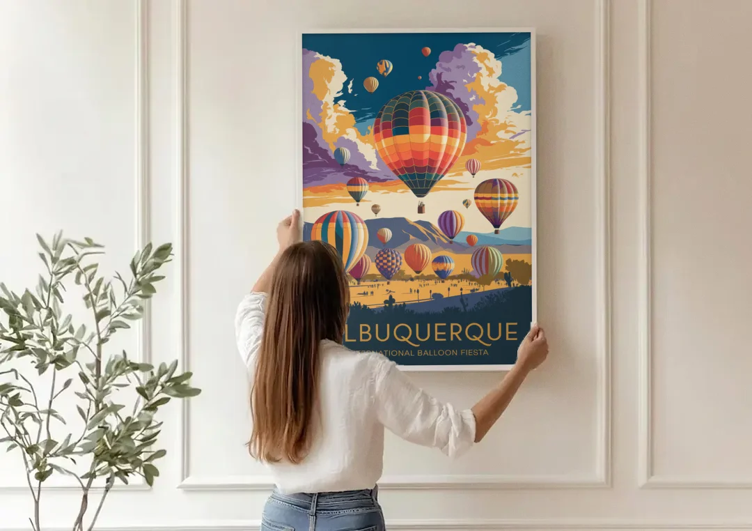 Albuquerque Balloon Fiesta canvas wall art being hung on a paneled wall