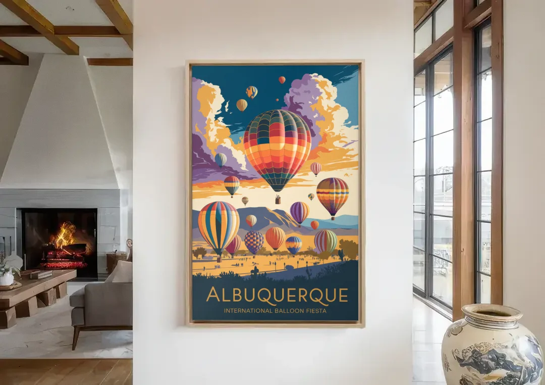 Albuquerque Balloon Fiesta canvas wall art in a living room with a fireplace
