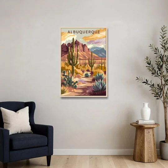 Albuquerque Desert Landscape - Oak Framed Canvas Wall Art - Sofa - 24x36