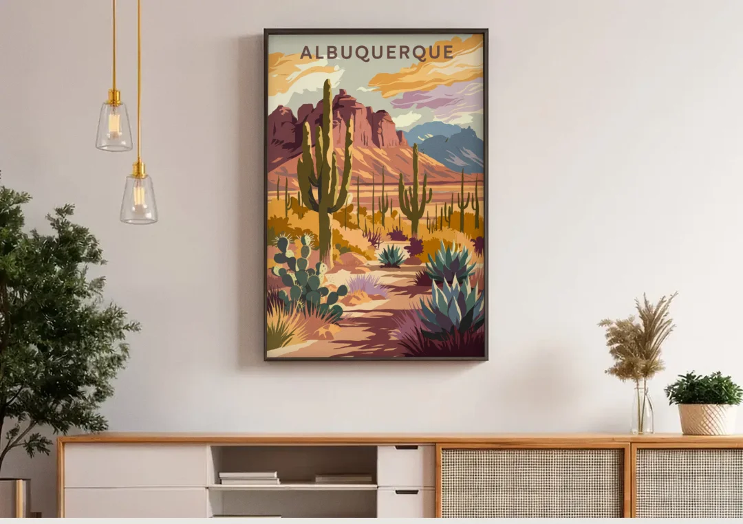 Albuquerque Desert Landscape canvas wall art above a wooden sideboard under pendant lights