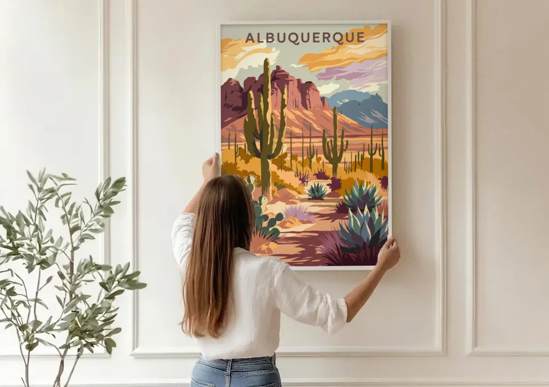 Albuquerque Desert Landscape canvas wall art being hung on a paneled wall