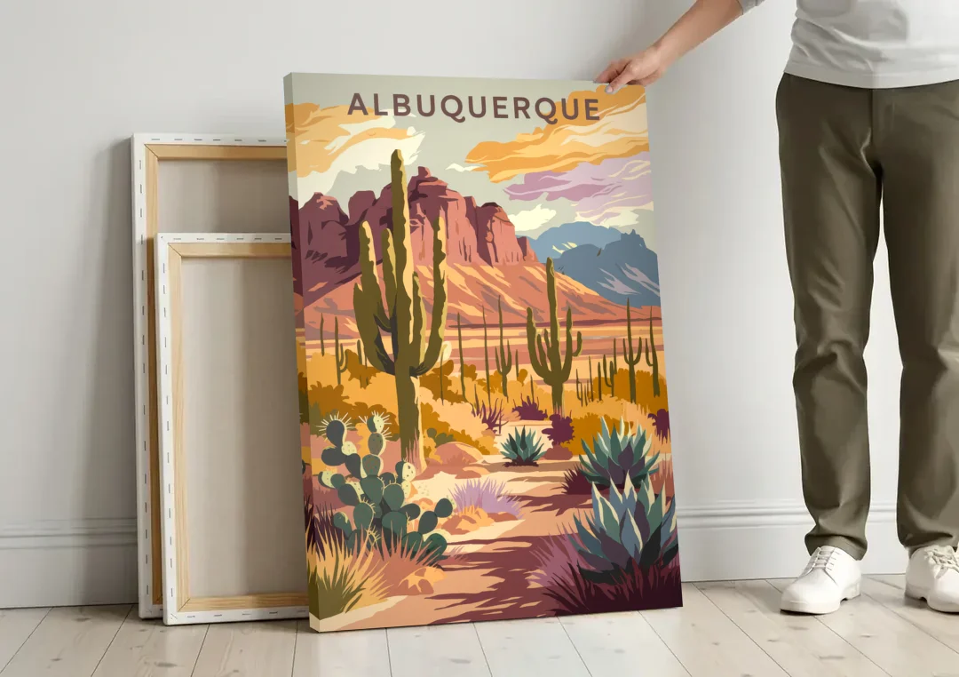 Albuquerque Desert Landscape canvas wall art leaning against a wall next to blank canvases