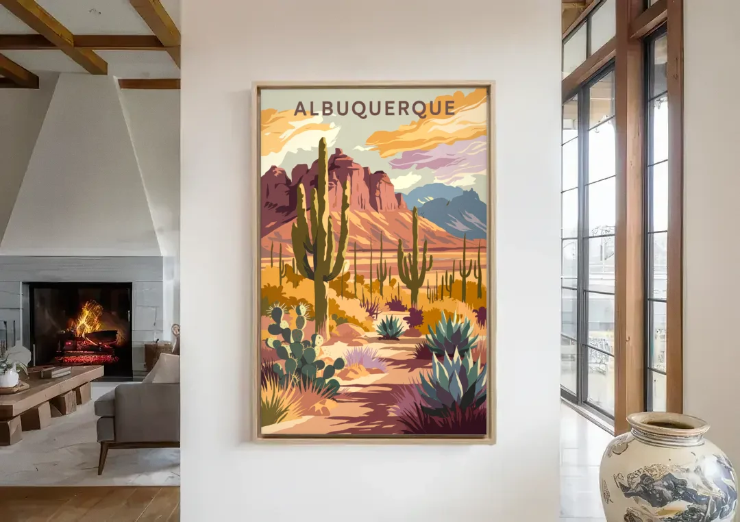 Albuquerque Desert Landscape canvas wall art in a living room with a fireplace