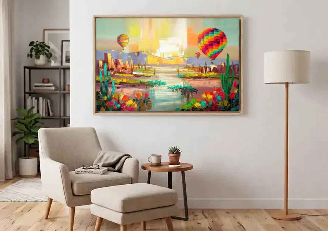 Albuquerque Hot Air Balloons canvas wall art above an armchair in a bright living room