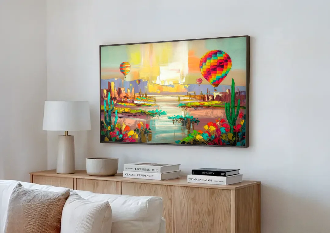 Albuquerque Hot Air Balloons canvas wall art above a wooden sideboard next to a sofa