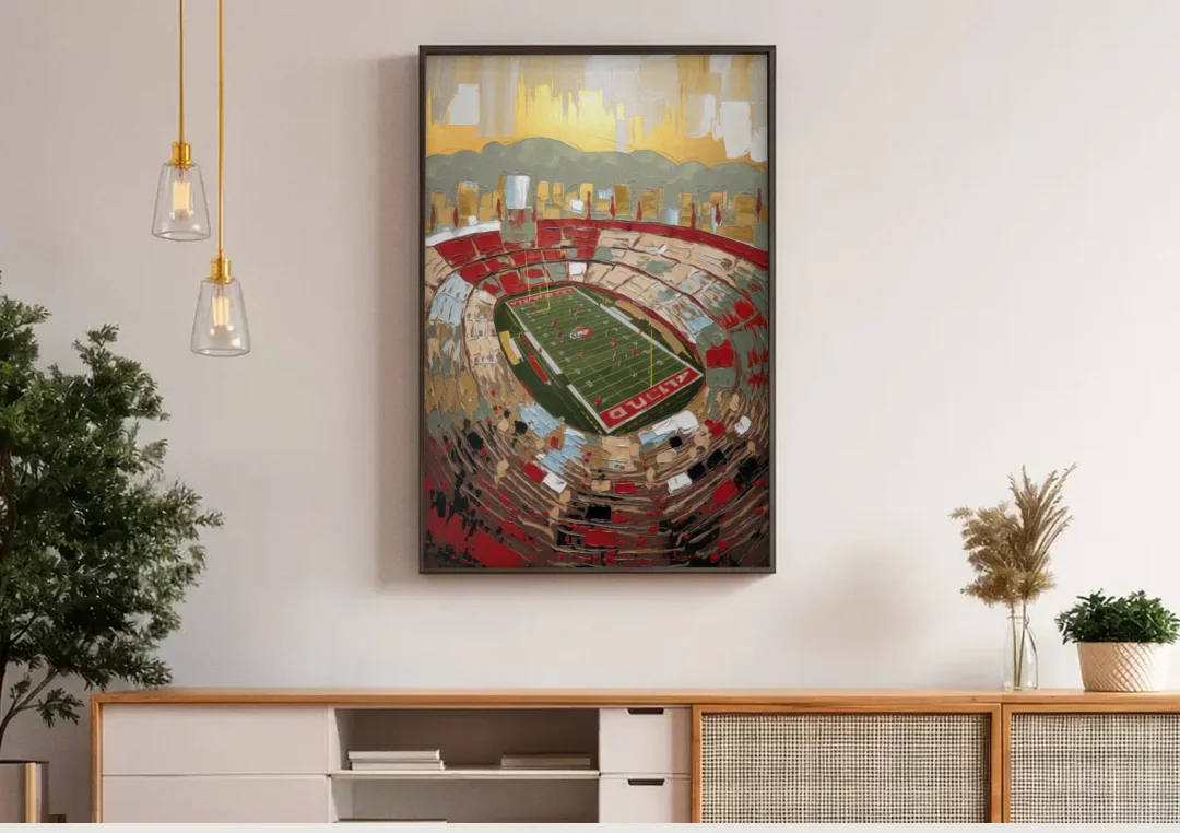 Albuquerque Lobo Pride canvas wall art above a wooden sideboard under pendant lights