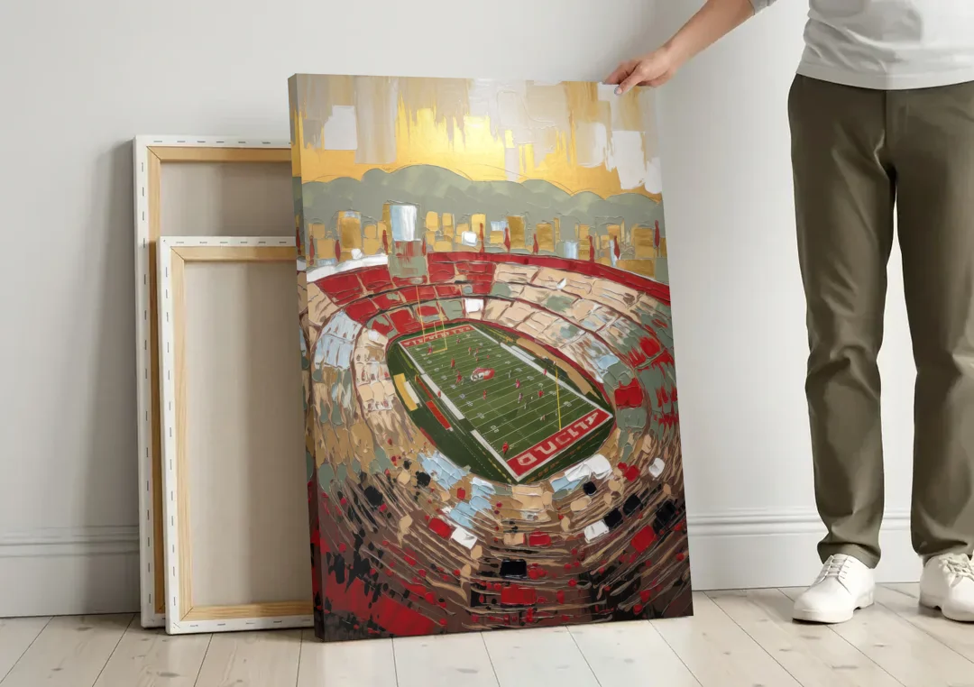 Albuquerque Lobo Pride canvas wall art leaning against a wall next to blank canvases