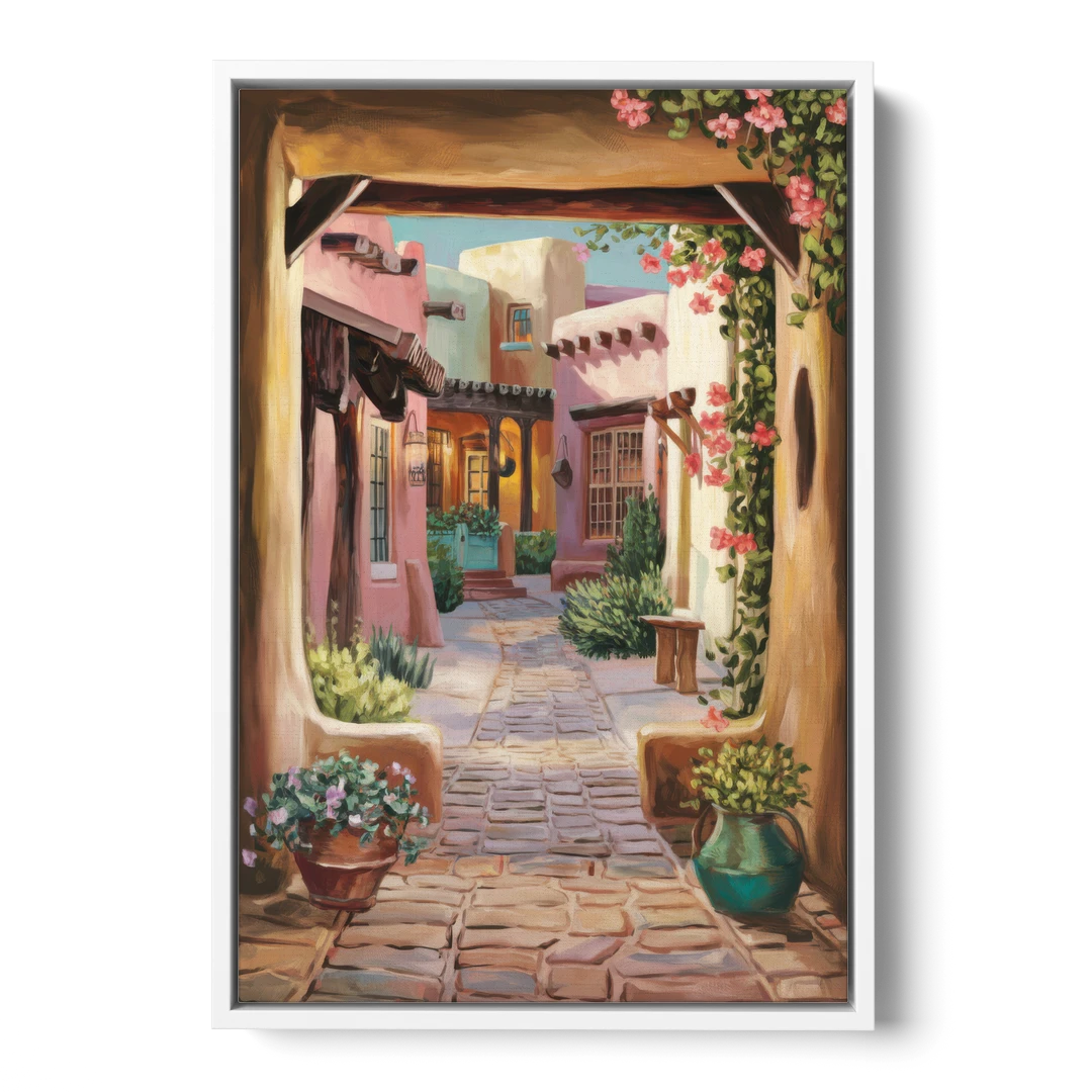 Albuquerque Old Town Charm - White Framed Canvas Wall Art - Front