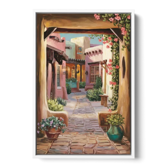 Albuquerque Old Town Charm - White Framed Canvas Wall Art - Front