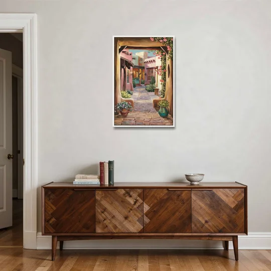Albuquerque Old Town Charm - White Framed Canvas Wall Art - Coffee Table - 24x36