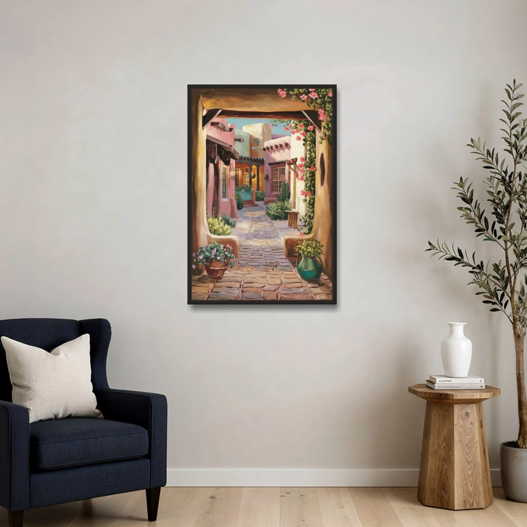 Albuquerque Old Town Charm - Black Framed Canvas Wall Art - Sofa - 24x36