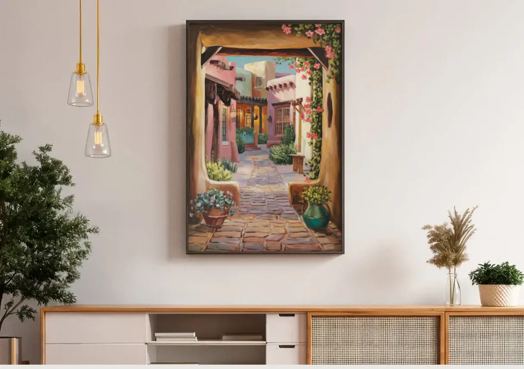 Albuquerque Old Town Charm canvas wall art above a wooden sideboard under pendant lights