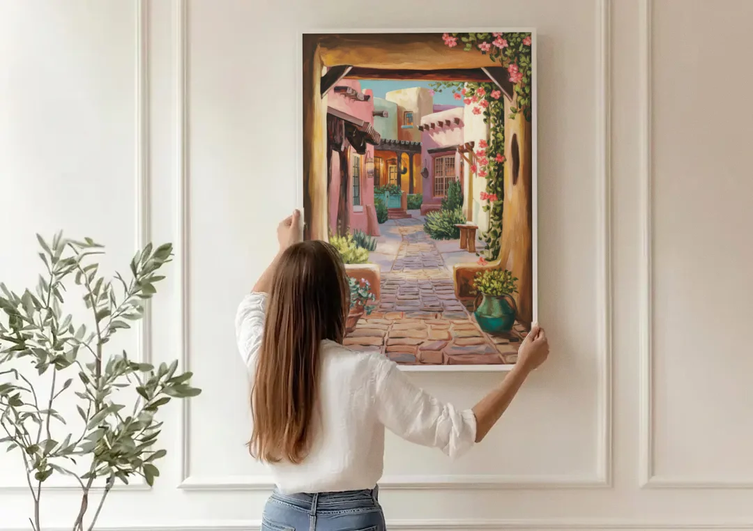 Albuquerque Old Town Charm canvas wall art being hung on a paneled wall
