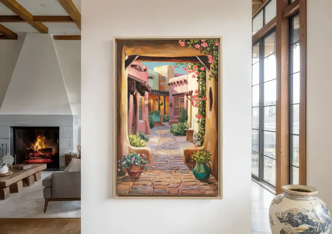 Albuquerque Old Town Charm canvas wall art in a living room with a fireplace