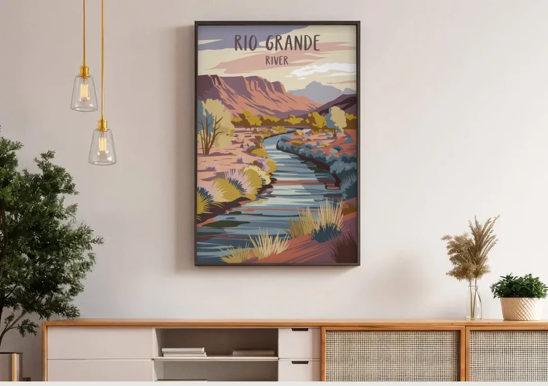 Albuquerque Rio Grande Views canvas wall art above a wooden sideboard under pendant lights