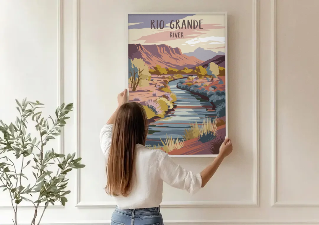 Albuquerque Rio Grande Views canvas wall art being hung on a paneled wall