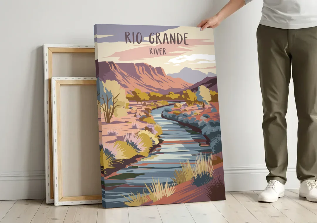 Albuquerque Rio Grande Views canvas wall art leaning against a wall next to blank canvases