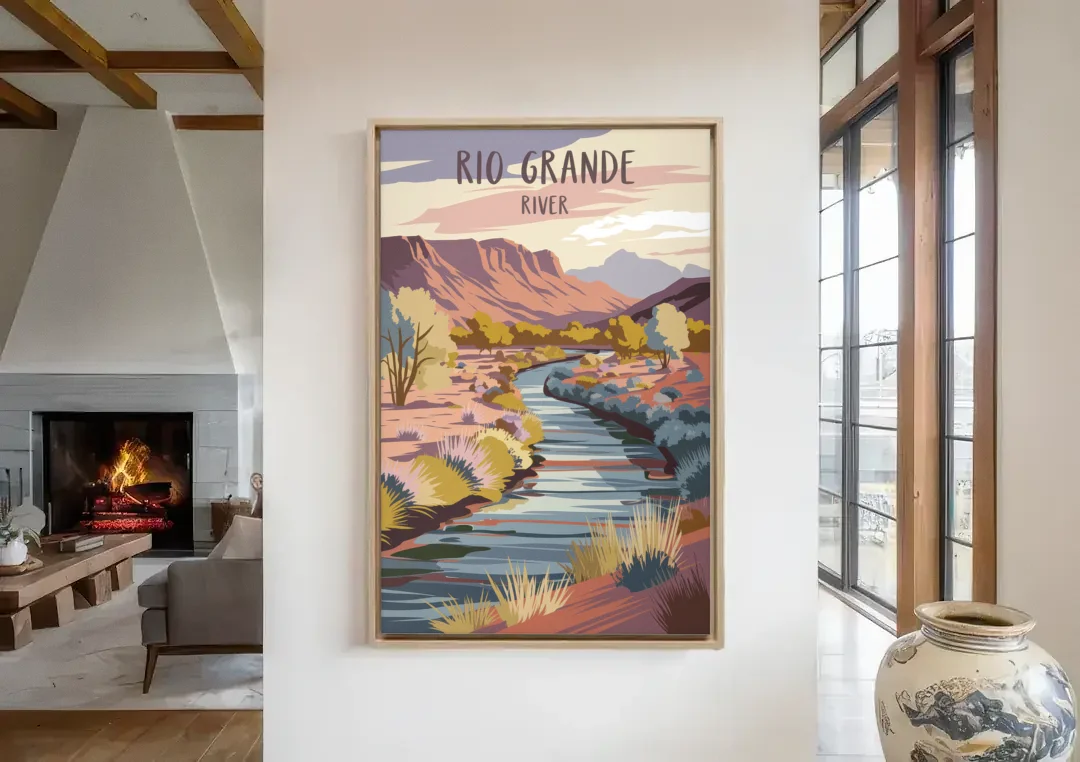 Albuquerque Rio Grande Views canvas wall art in a living room with a fireplace