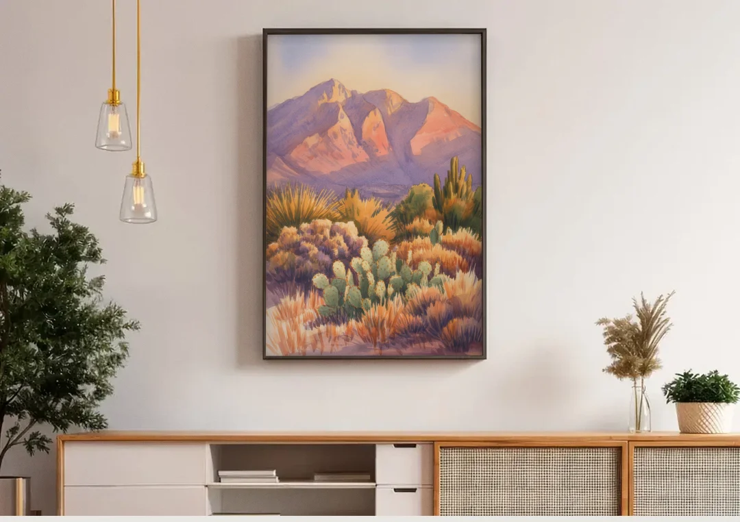 Albuquerque Sandia Mountains canvas wall art above a wooden sideboard under pendant lights