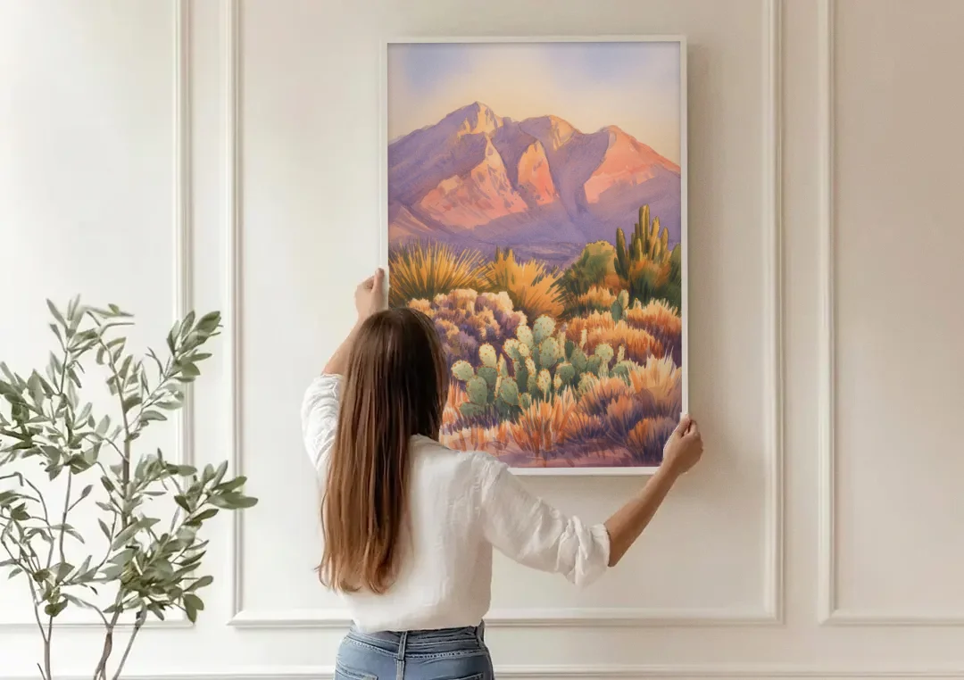 Albuquerque Sandia Mountains canvas wall art being hung on a paneled wall