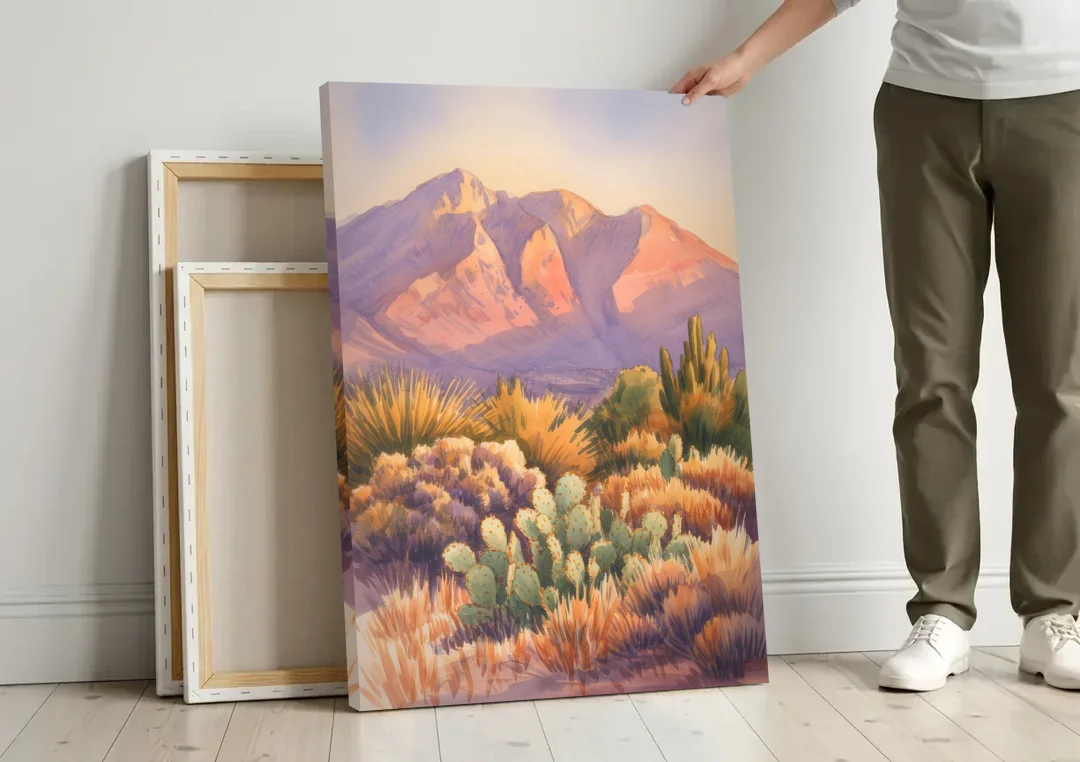 Albuquerque Sandia Mountains canvas wall art leaning against a wall next to blank canvases