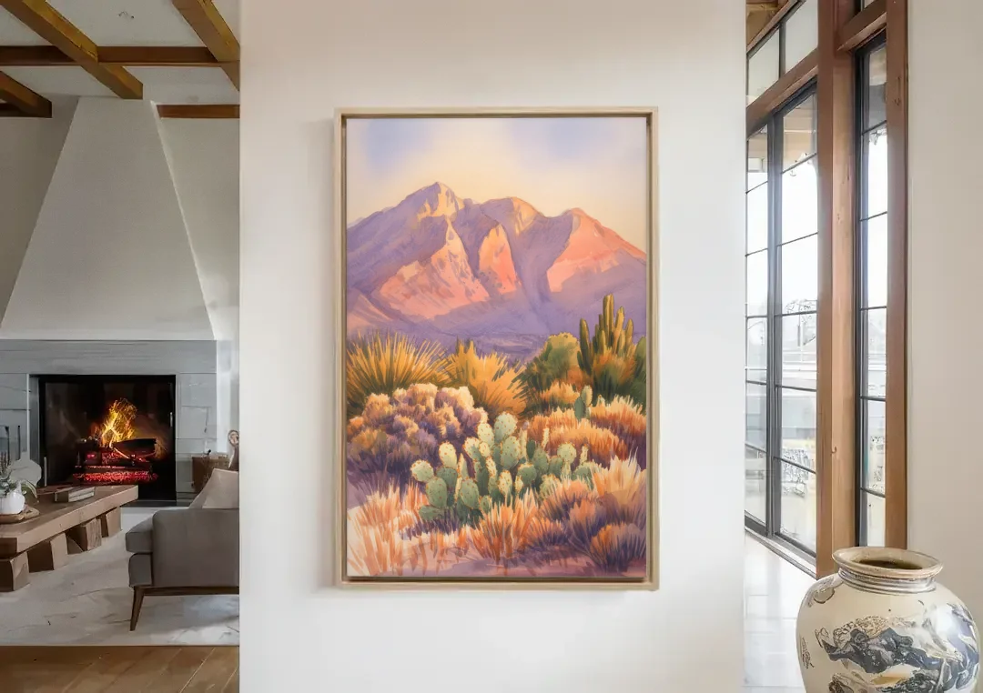 Albuquerque Sandia Mountains canvas wall art in a living room with a fireplace