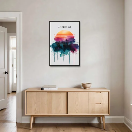 Albuquerque Skyline Sunset - Black Framed Canvas Wall Art - Coffee Table - 24x36