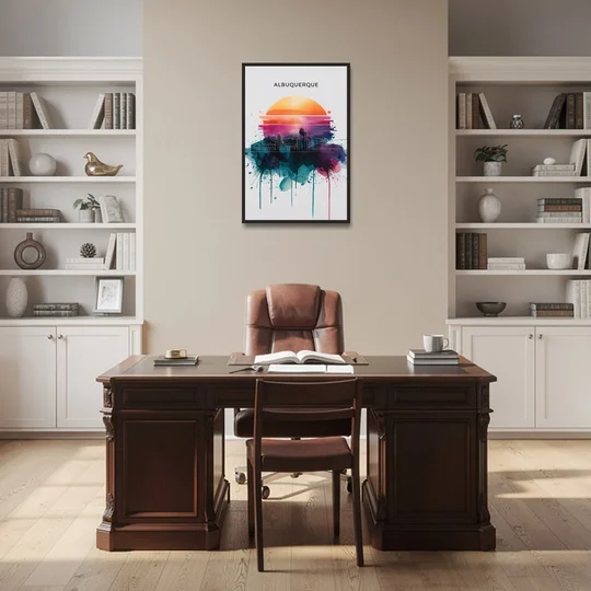 Albuquerque Skyline Sunset - Black Framed Canvas Wall Art - Office - 24x36