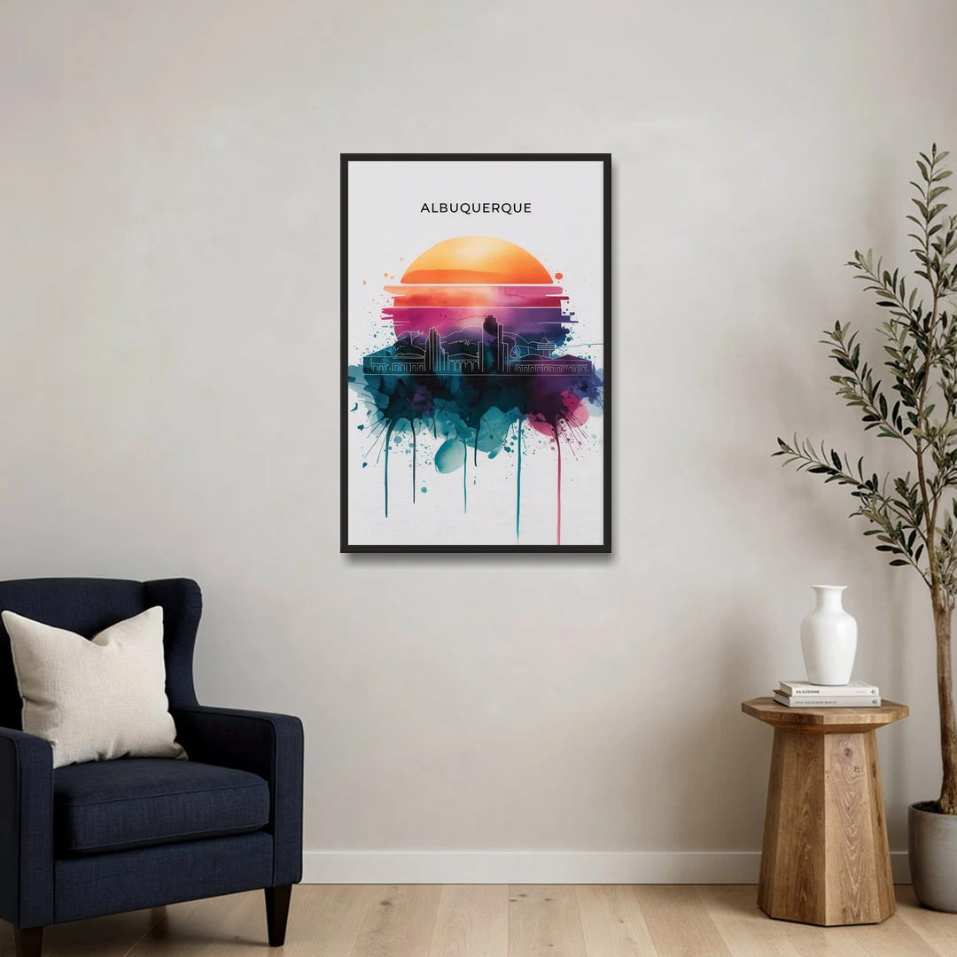 Albuquerque Skyline Sunset - Black Framed Canvas Wall Art - Sofa - 24x36