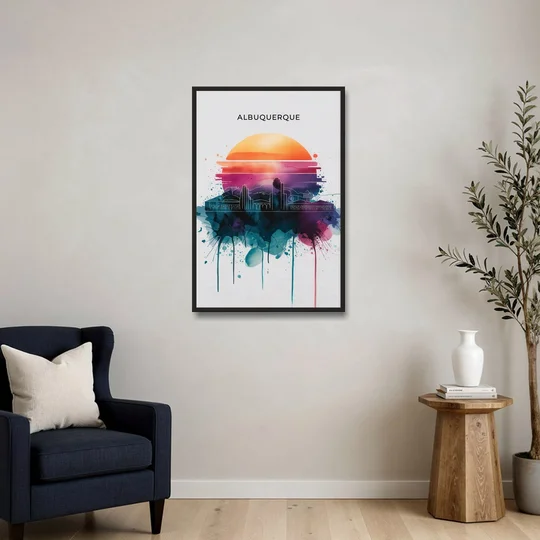 Albuquerque Skyline Sunset - Black Framed Canvas Wall Art - Sofa - 24x36