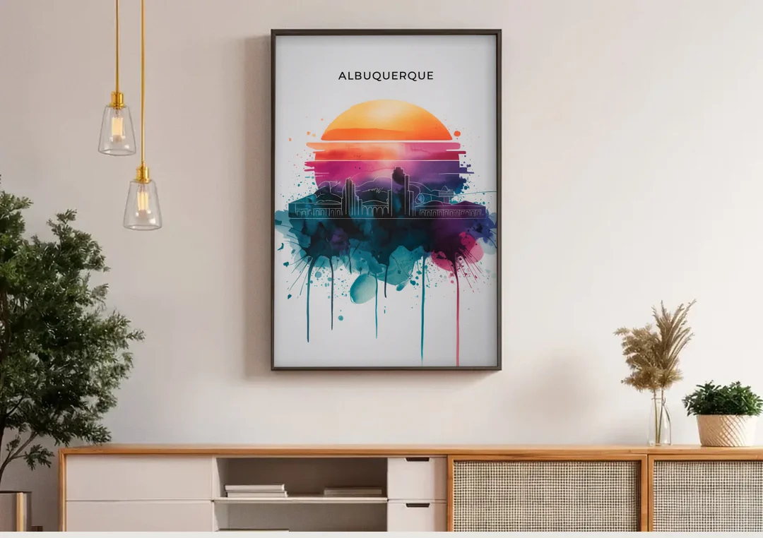 Albuquerque Skyline Sunset canvas wall art above a wooden sideboard under pendant lights