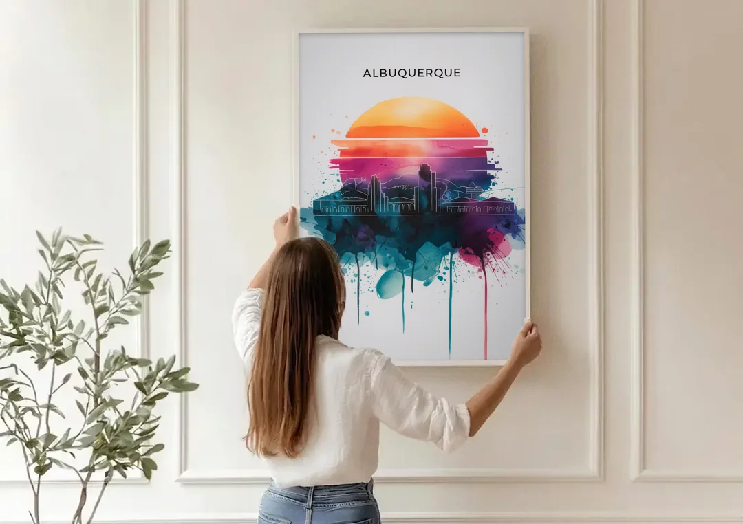 Albuquerque Skyline Sunset canvas wall art being hung on a paneled wall