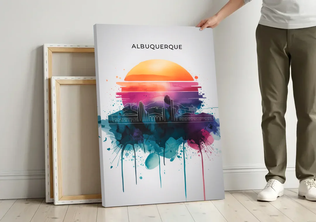 Albuquerque Skyline Sunset canvas wall art leaning against a wall next to blank canvases
