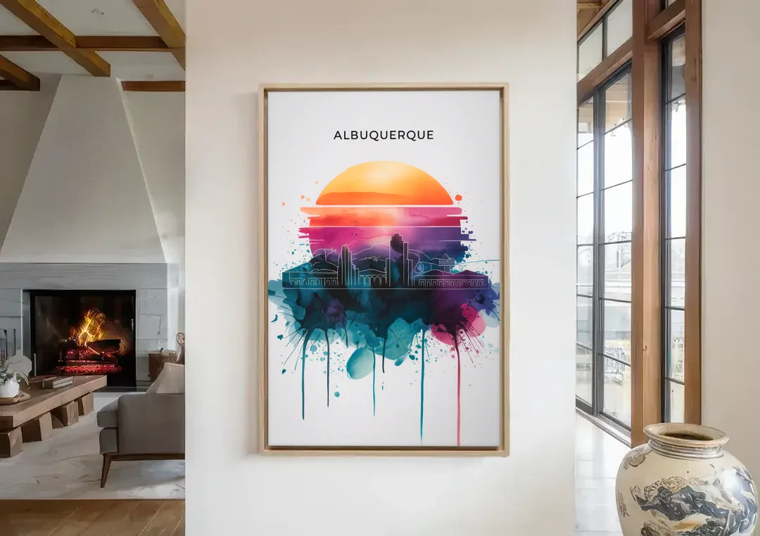 Albuquerque Skyline Sunset canvas wall art in a living room with a fireplace