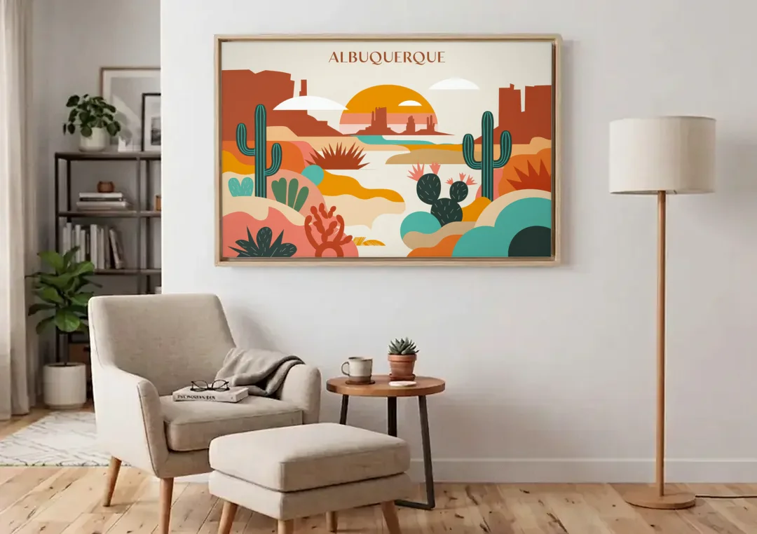 Albuquerque Southwest Colors canvas wall art above an armchair in a bright living room