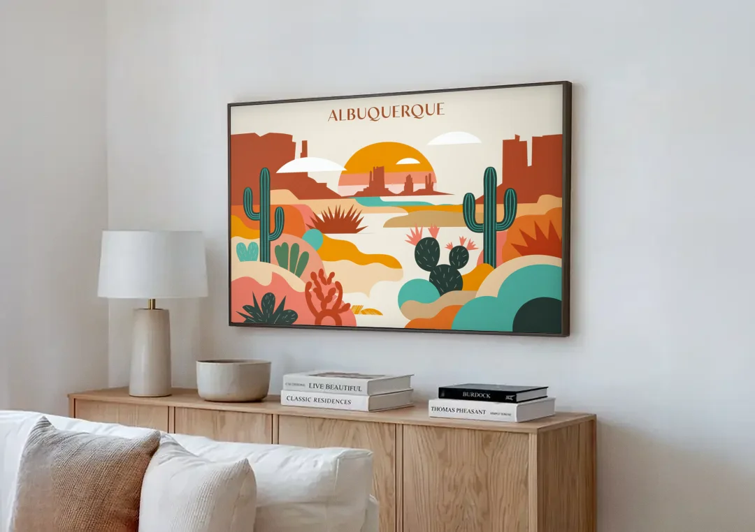 Albuquerque Southwest Colors canvas wall art above a wooden sideboard next to a sofa