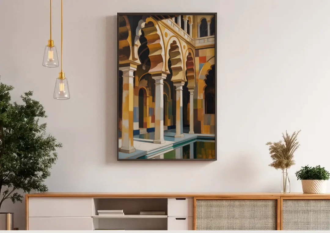 Alcazar Allure canvas wall art above a wooden sideboard under pendant lights