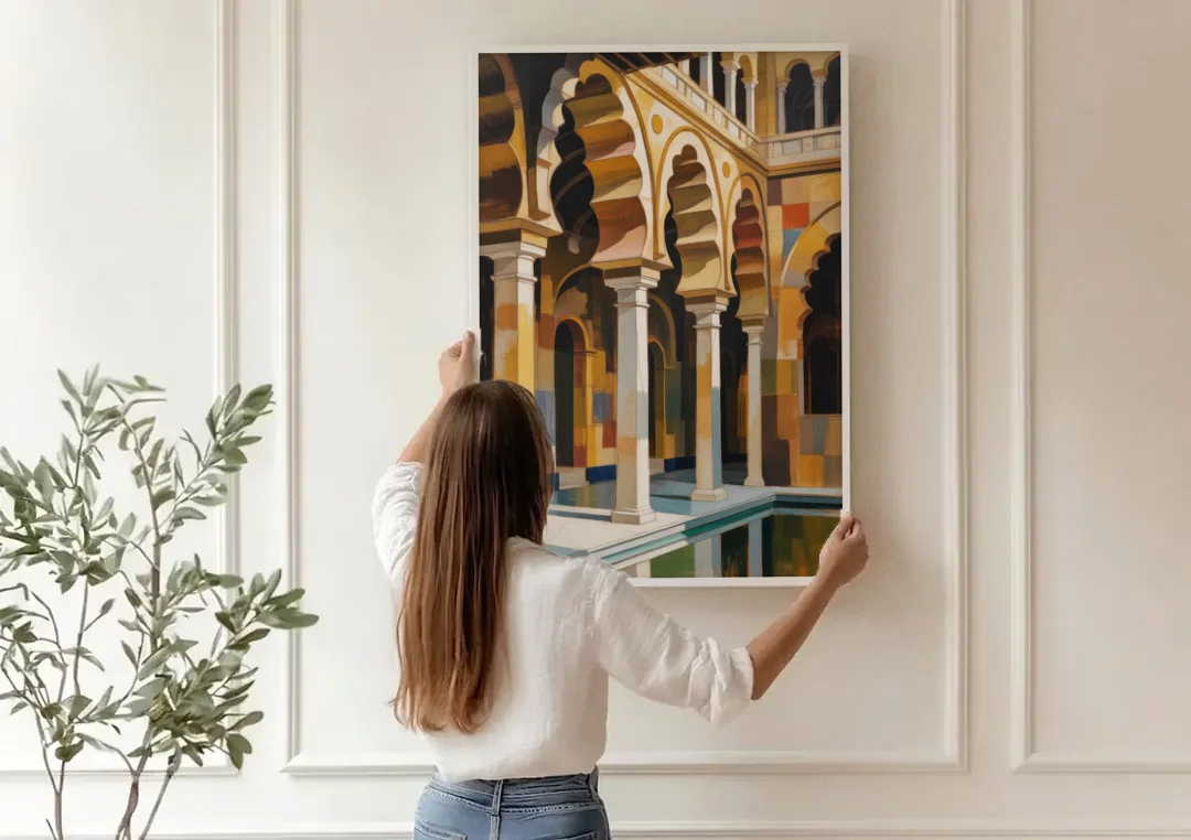 Alcazar Allure canvas wall art being hung on a paneled wall