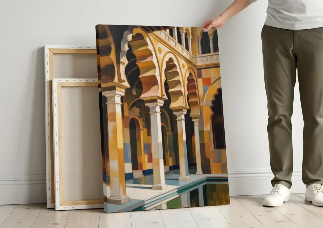 Alcazar Allure canvas wall art leaning against a wall next to blank canvases