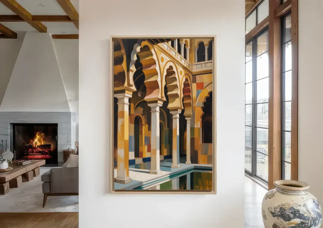 Alcazar Allure canvas wall art in a living room with a fireplace