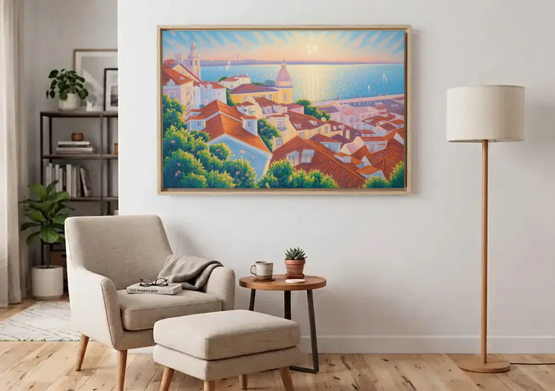 Alfama Charm canvas wall art above an armchair in a bright living room