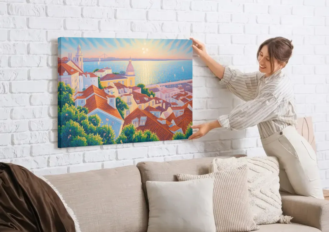 Alfama Charm canvas wall art being hung on a white brick wall above a sofa