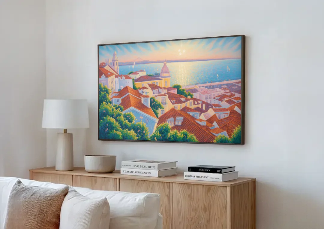 Alfama Charm canvas wall art above a wooden sideboard next to a sofa