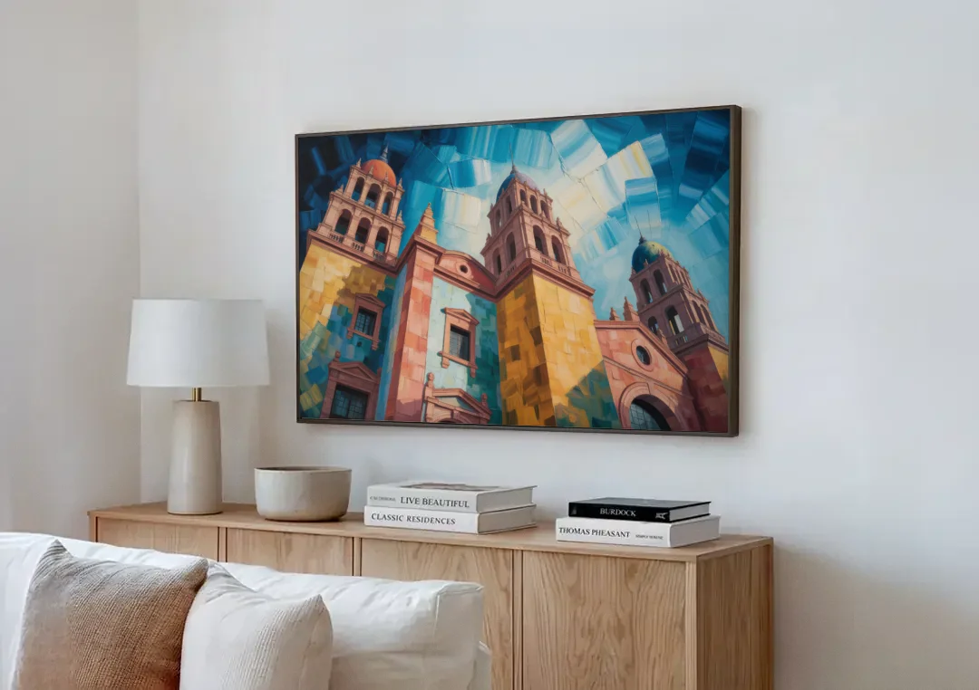 Alhóndiga de Granaditas canvas wall art above a wooden sideboard next to a sofa