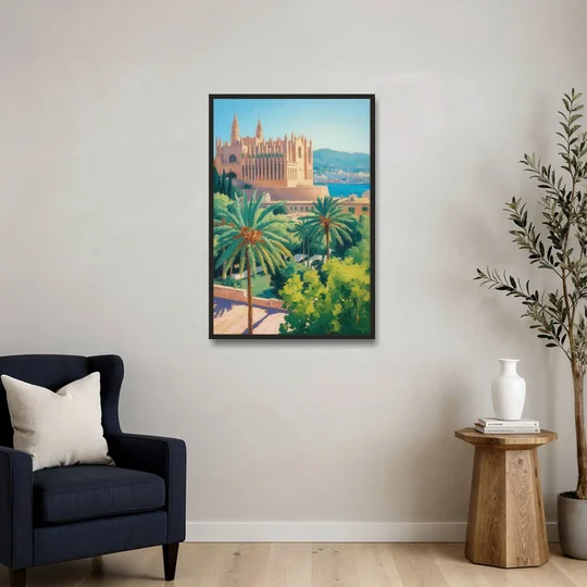 Almudaina Palace View - Black Framed Canvas Wall Art - Sofa - 24x36